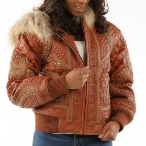 Fur Hooded Pelle Pelle Brown Studded Leather Jacket