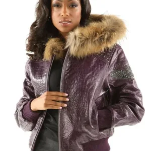 Pelle Pelle Fur Hooded Purple Leather Jacket