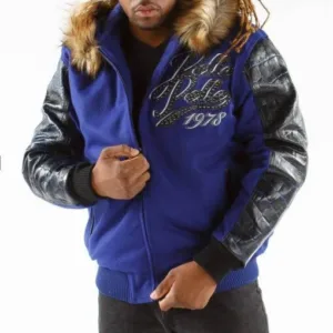 Blue Pelle Pelle Exotic Fur Hood Wool Leather Jacket