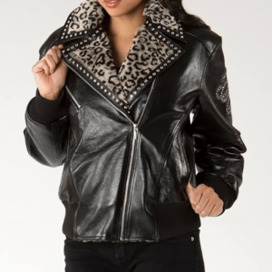 Ladies Biker Jacket with Spotted Fur Collar