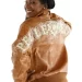 Ladies Brown Leather Jacket Shoulder Crest