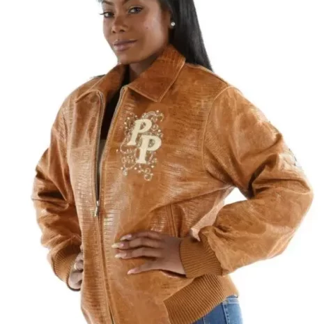 Ladies Brown Leather Jacket Shoulder Crest