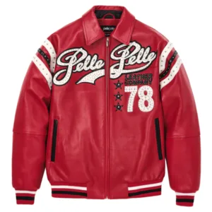 Men Pelle Pelle Encrusted Varsity Plush Red Jacket