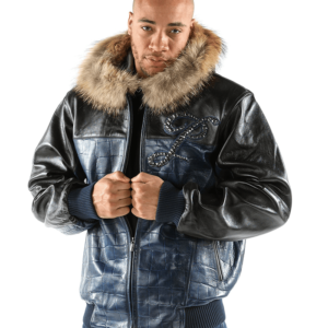 Pelle Pelle Black and Blue Leather Jacket with Fur Hood