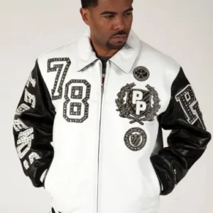 Pelle Pelle Encrusted Varsity White Plush Mens Leather Jacket