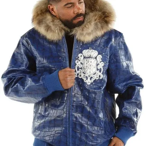 Pelle-Pelle-Mens-Crocodile-Skin-Fur-Hooded-Blue-Leather-Jacket.webp