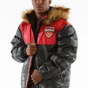 Pelle Pelle Mens Gray & Red Puffer Long Fur Hooded Coat