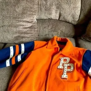 Men Pelle Pelle Orange Varsity Lettermen Jacket