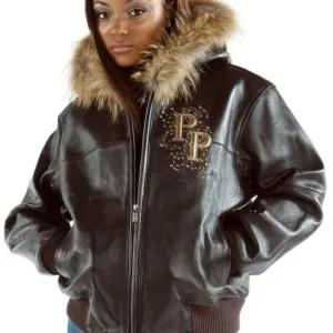 Pelle Pelle Womens Vintage Brown Fur Hooded Leather Jacket