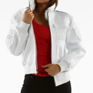 White MB Pelle Pelle Bomber Fur Studded Jacket